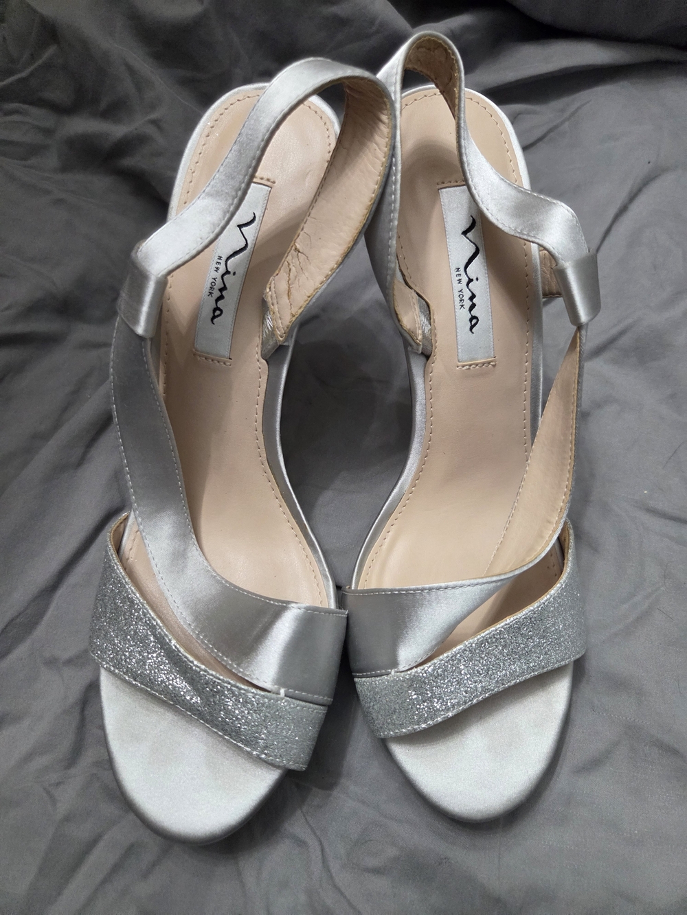 Nina Silver Satin Slingback Heels with Glitter Straps